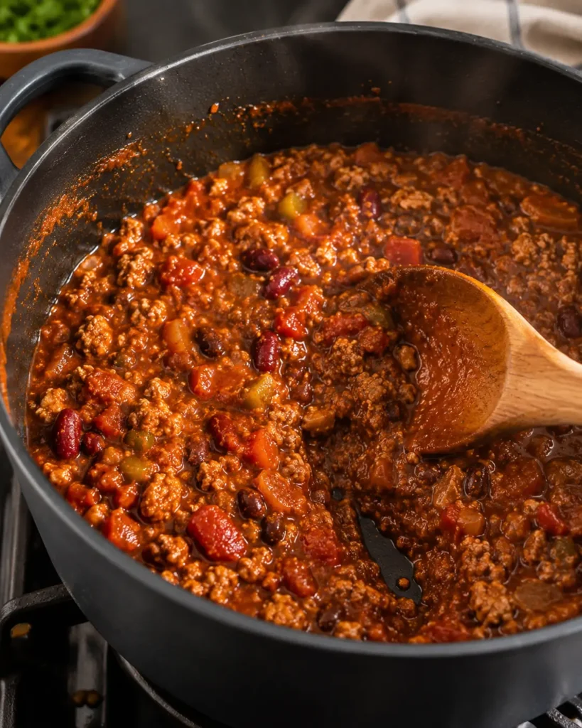 Thick turkey chili simmering uncovered in a Dutch oven with beans and a wooden spoon