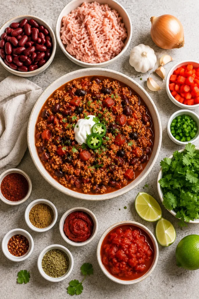 Overhead summary-style image of turkey chili with key ingredients and toppings