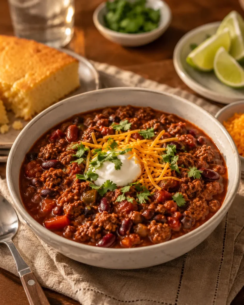 Turkey chili served for dinner with cornbread and lime on the side