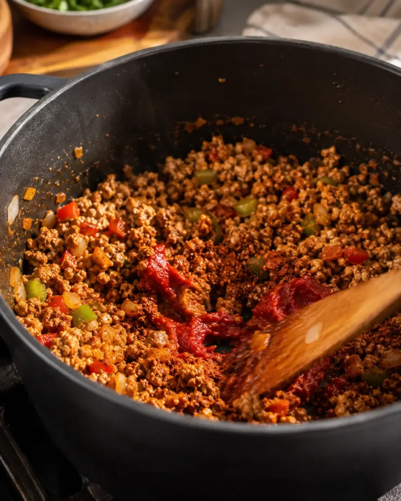 Tomato paste and spices being stirred into browned ground turkey, onions, and peppers for turkey chili