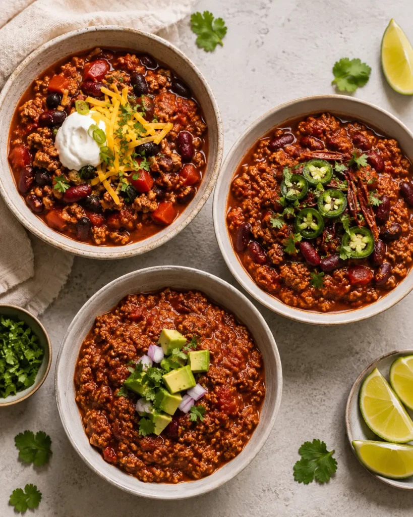 Three variations of turkey chili showing classic, spicy, and no-bean versions