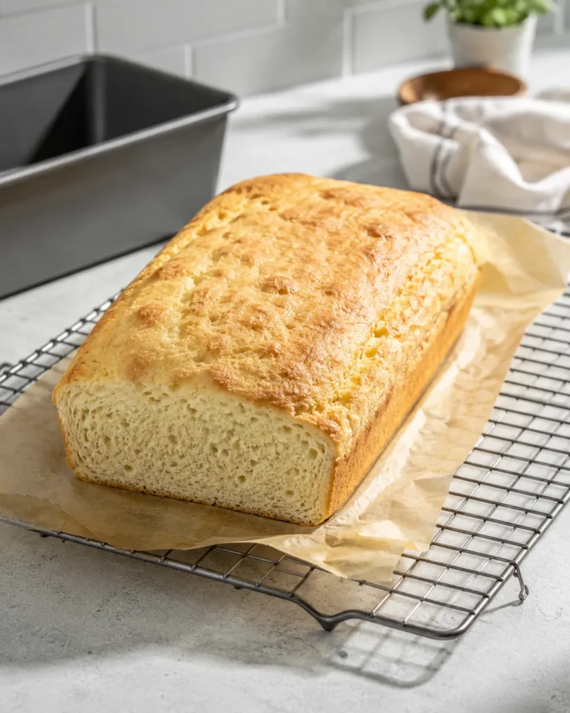 Freshly baked zero-carb yogurt bread cooling on a rack