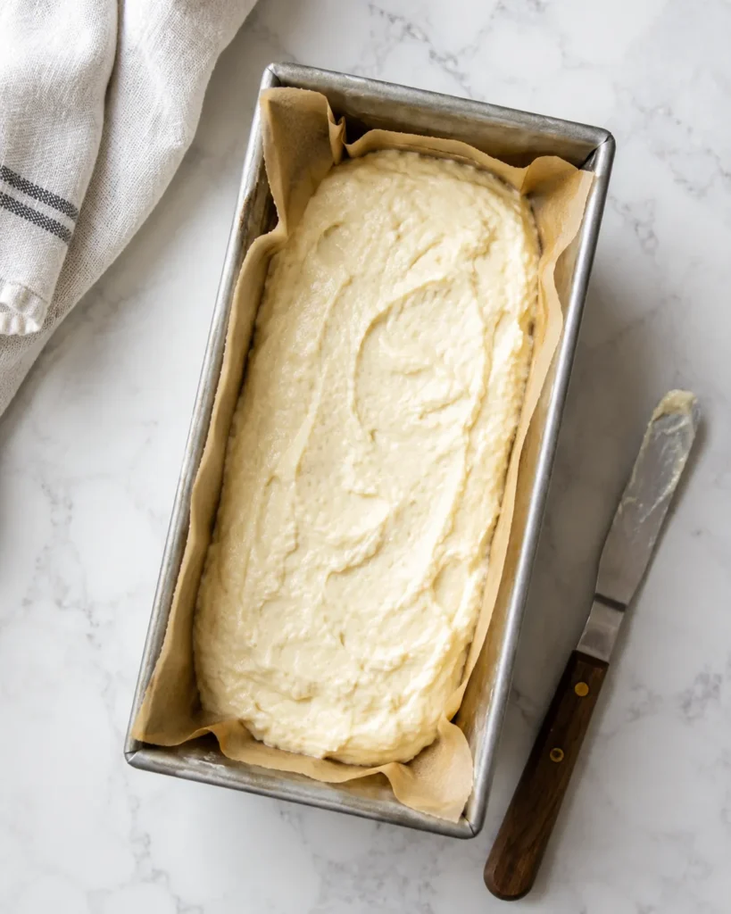 Batter for zero-carb yogurt bread in a parchment-lined loaf pan before baking