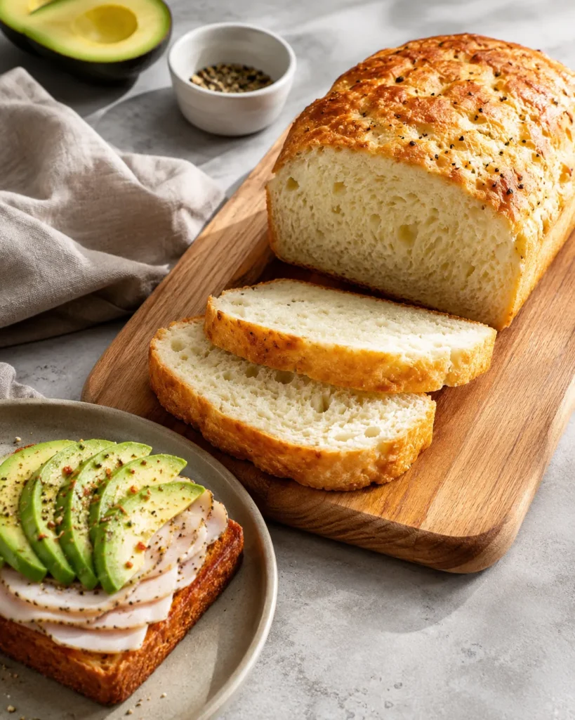 Sliced zero-carb yogurt bread on a wooden board with one toasted slice topped with avocado and turkey