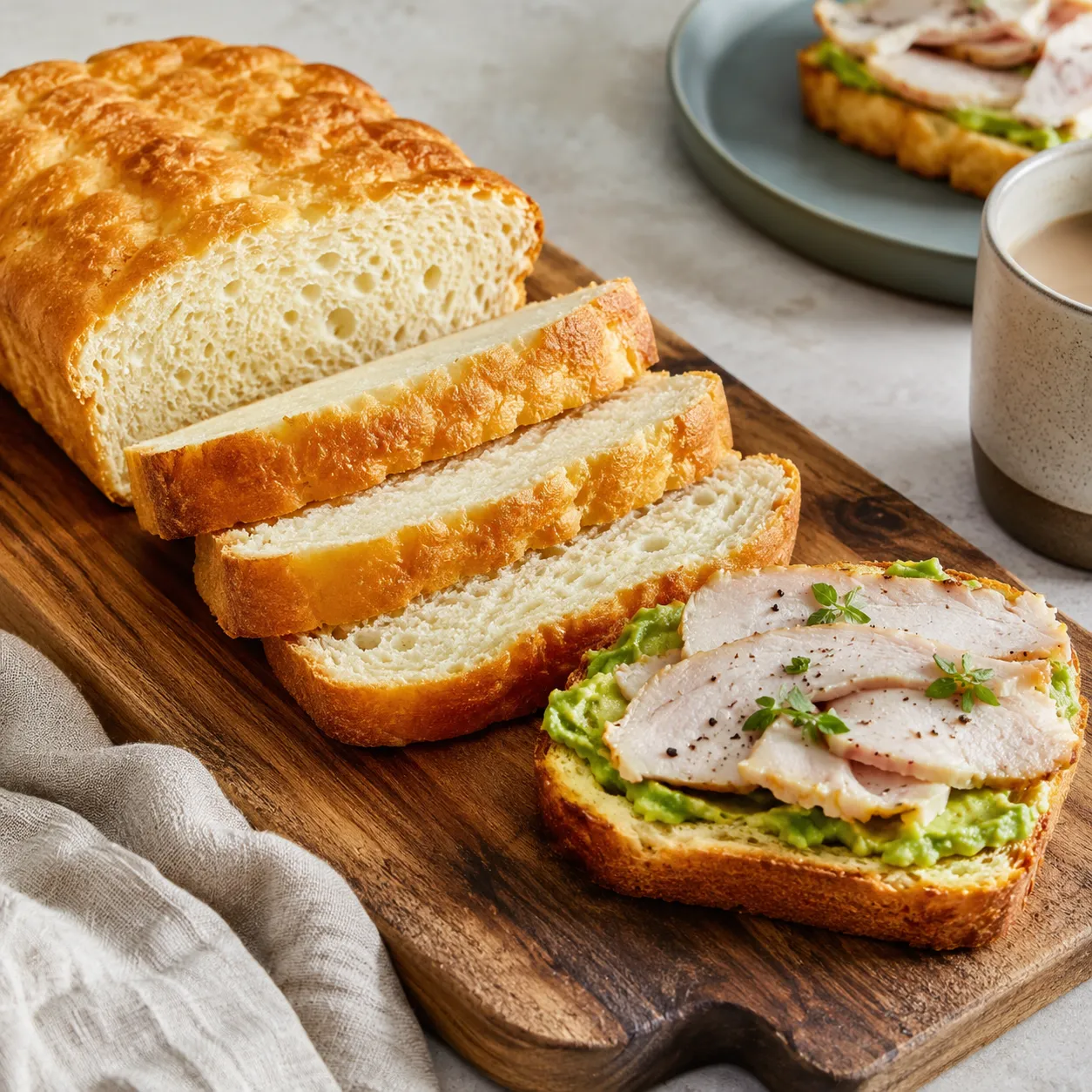 Sliced zero-carb yogurt bread with a toasted slice topped with avocado and turkey