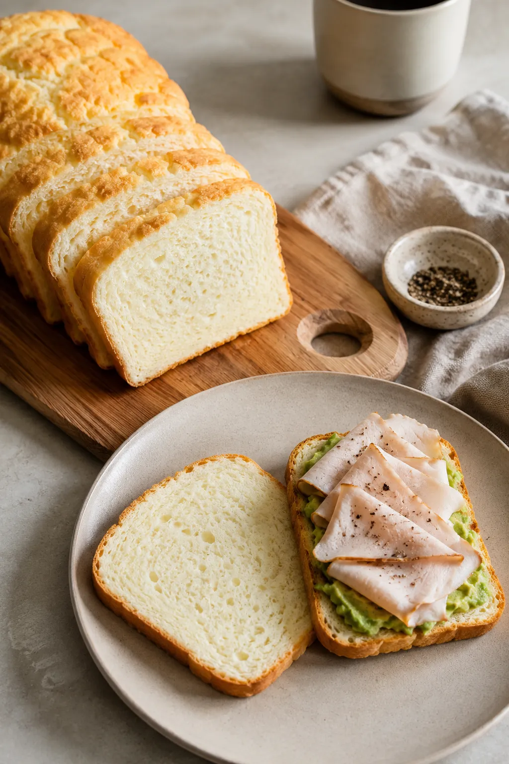 Sliced zero-carb yogurt bread with avocado and turkey toast