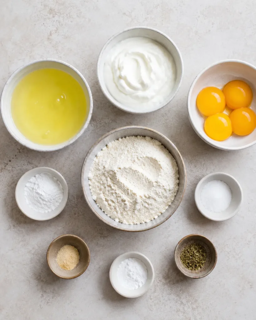 Ingredients for zero-carb yogurt bread arranged in bowls on a light countertop