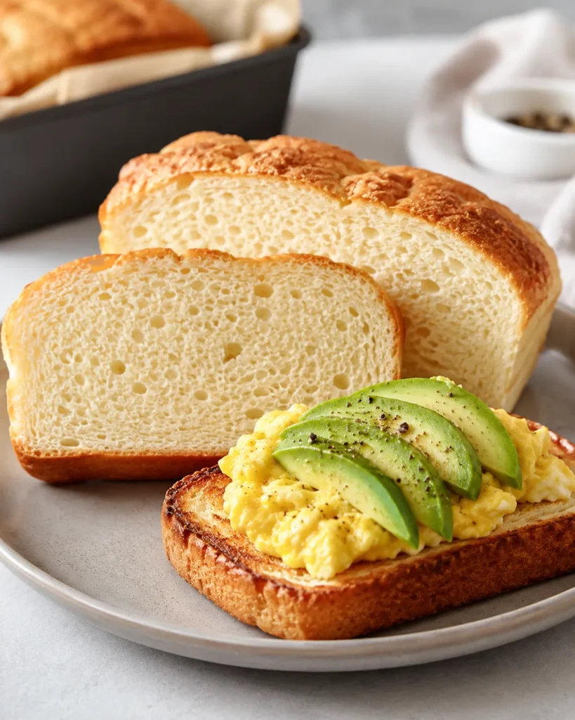 Close-up of sliced zero-carb yogurt bread with one toasted piece topped with egg and avocado
