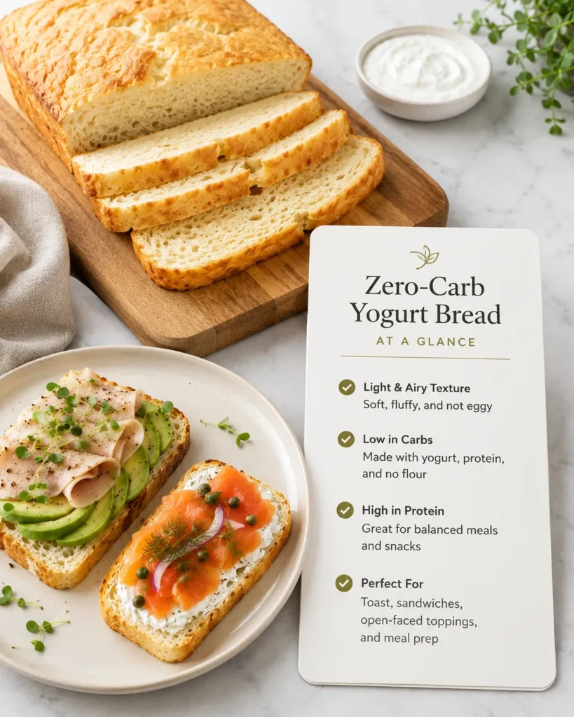Sliced zero-carb yogurt bread beside a simple summary card highlighting its light texture, low-carb ingredients, high protein, and serving ideas.