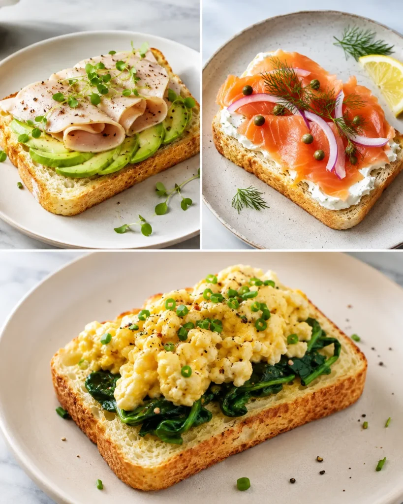 Three ways to serve zero-carb yogurt bread with avocado and turkey, smoked salmon, and egg with spinach.