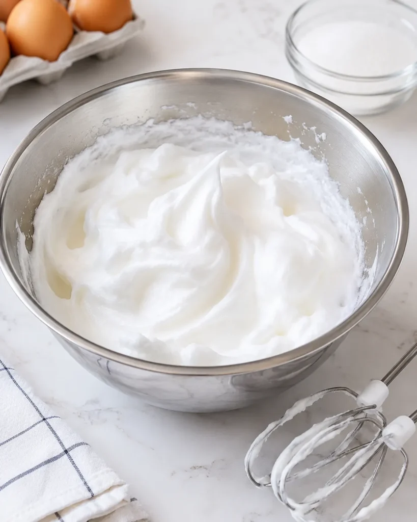Stiff peaked whipped egg whites for zero-carb yogurt bread in a stainless steel mixing bowl