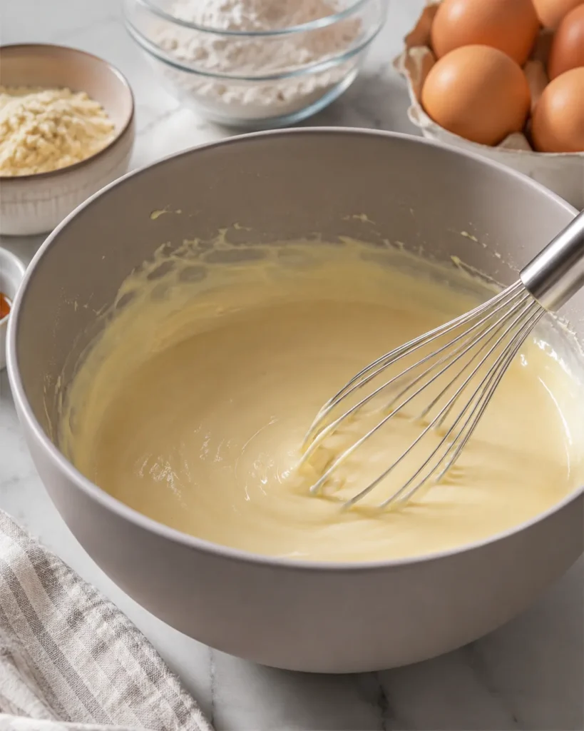 Yogurt and egg yolk mixture for zero-carb yogurt bread being stirred until smooth in a mixing bowl.