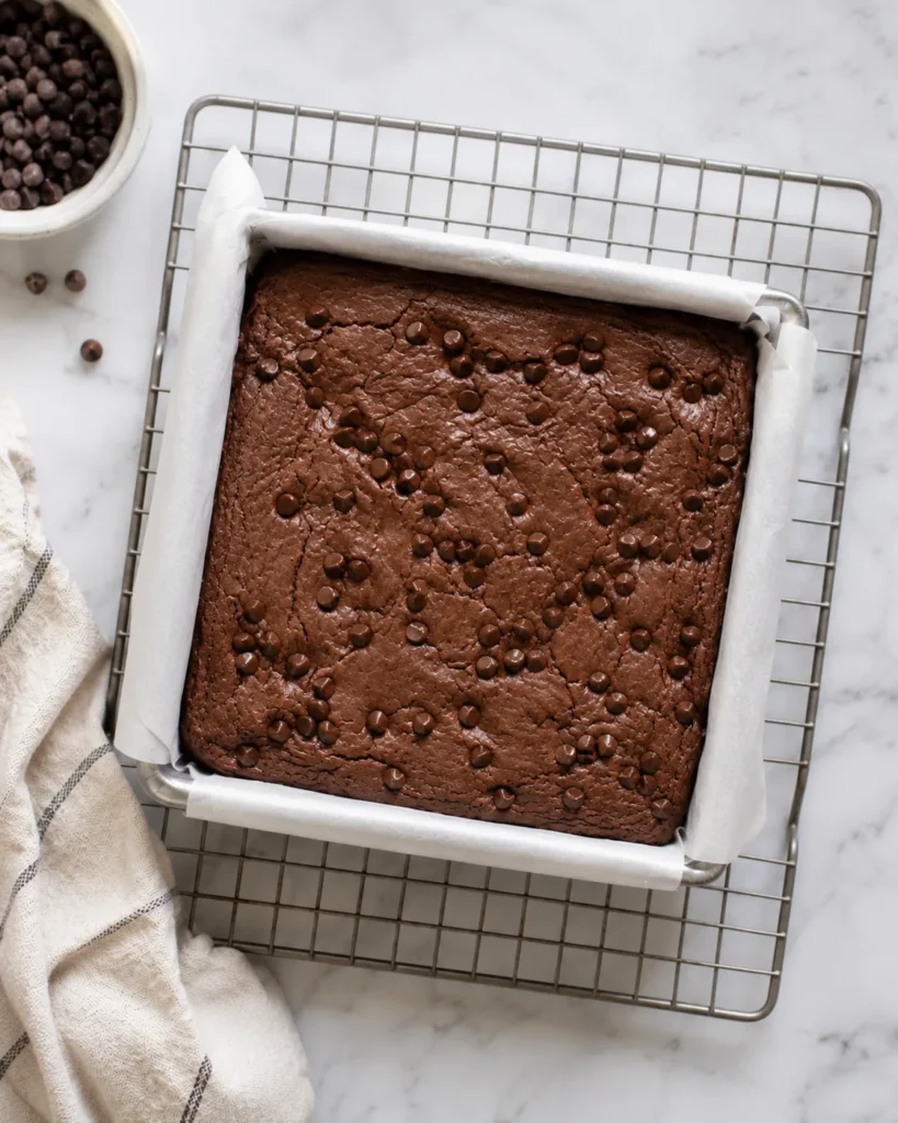 Freshly baked zero-sugar Greek yogurt brownies cooling in a parchment-lined pan