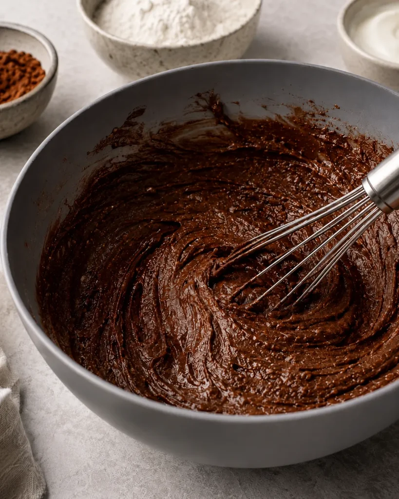 Thick chocolate batter for zero-sugar Greek yogurt brownies being whisked in a bowl