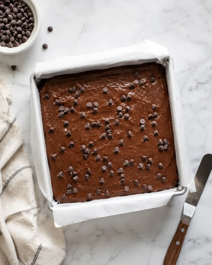 Brownie batter in a square pan topped with sugar-free chocolate chips before baking
