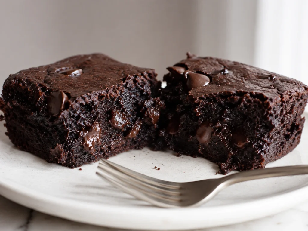 Close-up of a fudgy zero-sugar Greek yogurt brownie broken open