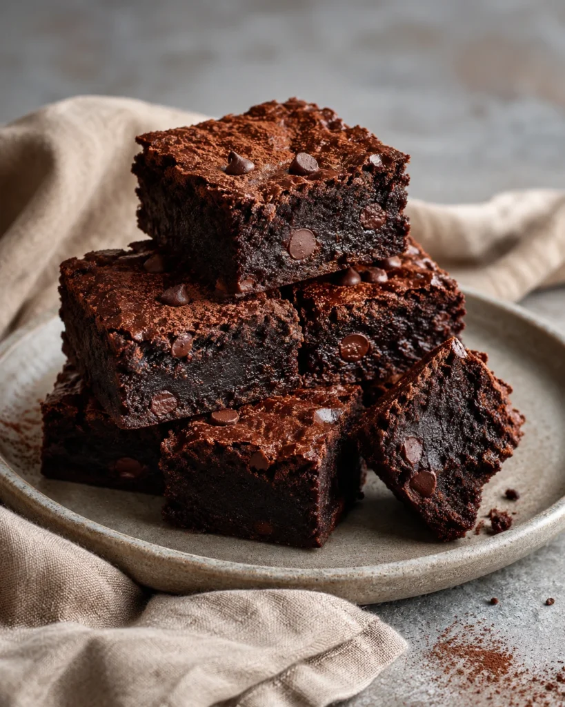 Stack of fudgy zero-sugar Greek yogurt brownies on a plate with one brownie cut open