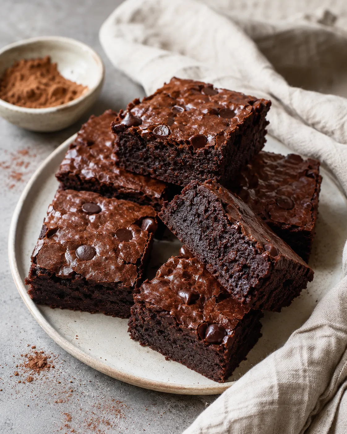 Zero sugar Greek yogurt brownies stacked on a plate