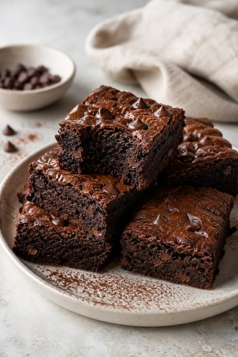 Zero sugar Greek yogurt brownies stacked on a plate