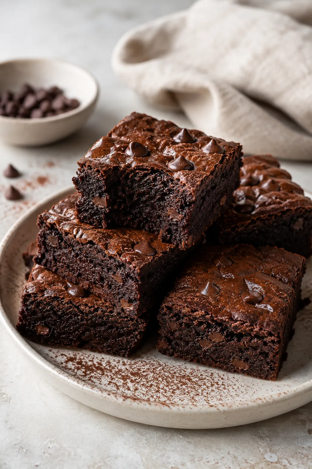Zero sugar Greek yogurt brownies stacked on a plate