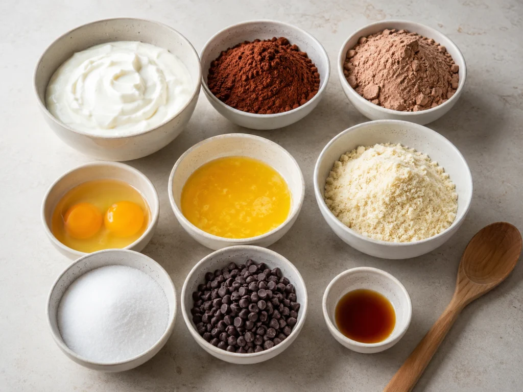 Measured ingredients for zero-sugar Greek yogurt brownies laid out in bowls