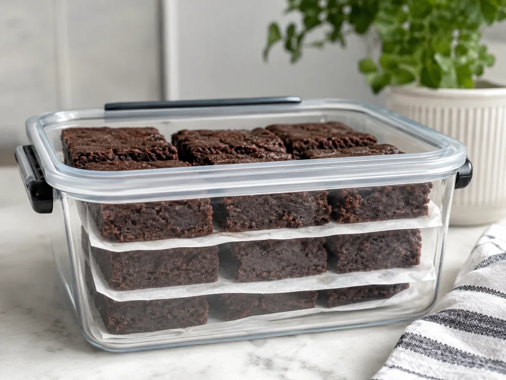 Zero-sugar Greek yogurt brownies stacked in a storage container with parchment
