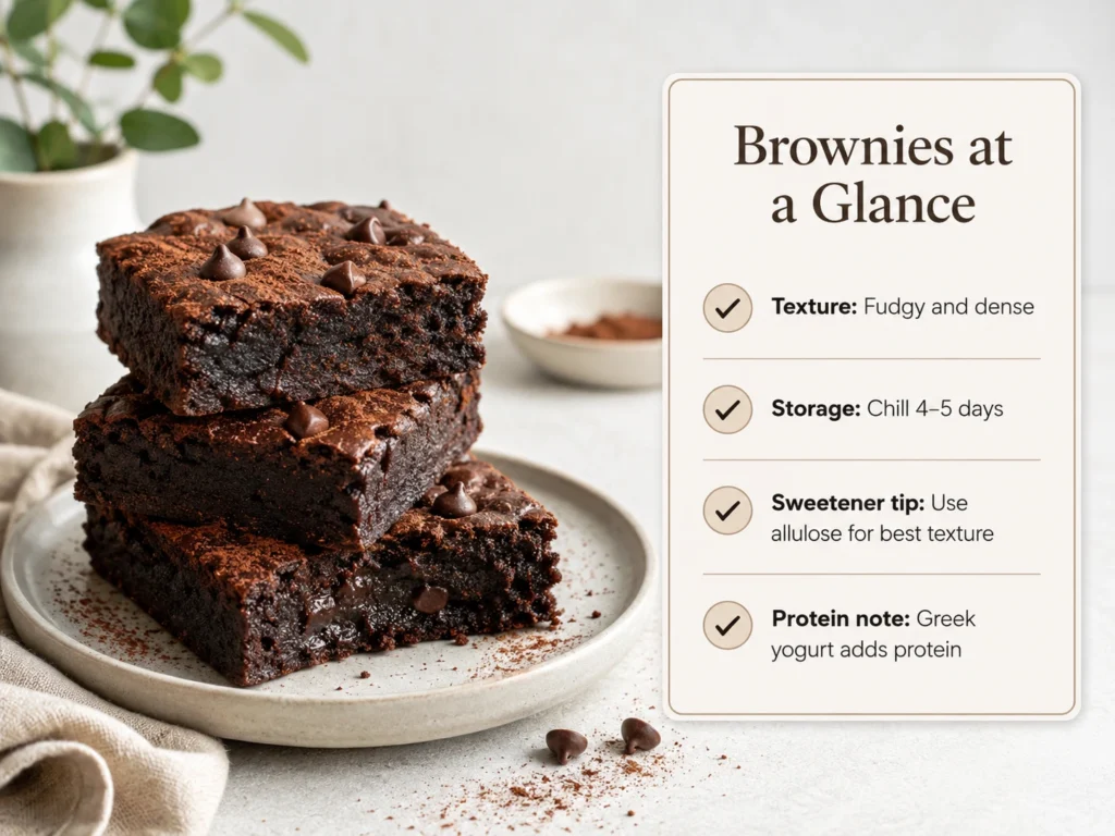 Zero-sugar Greek yogurt brownies beside a simple brownie summary card