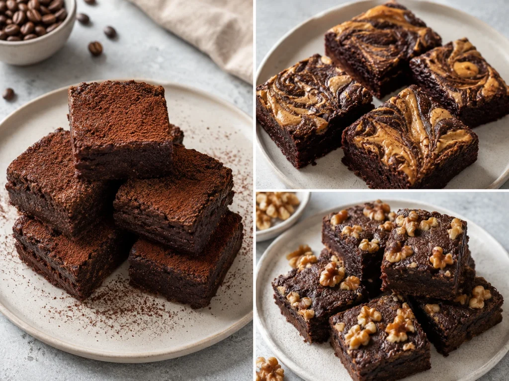 Three variations of zero-sugar Greek yogurt brownies including mocha, walnut, and peanut butter swirl