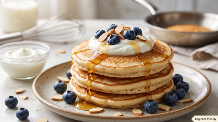 Stack of golden protein pancakes topped with thick Greek yogurt, maple syrup drizzle, blueberries, and sliced almonds on a ceramic plate