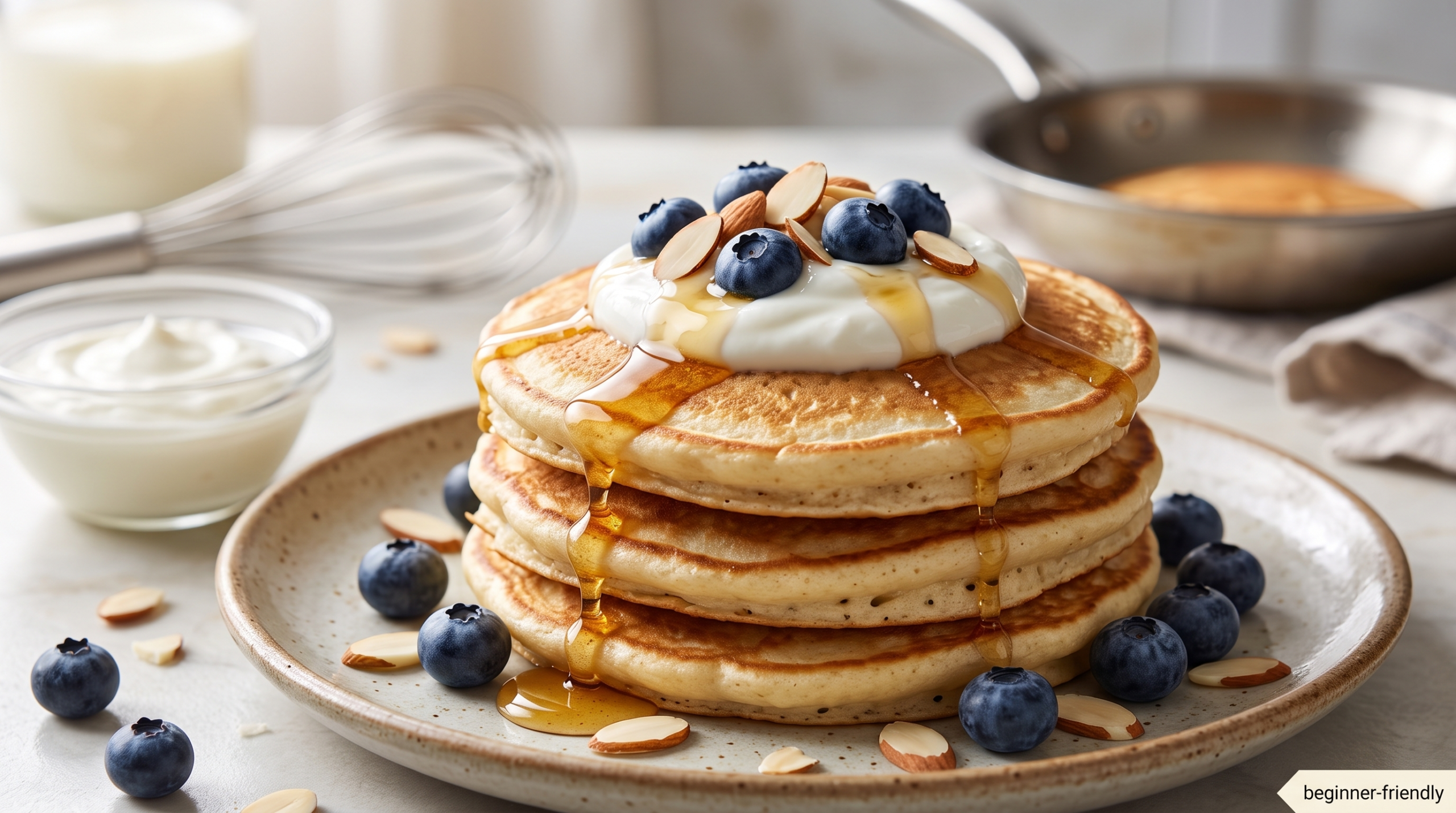 Stack of golden protein pancakes topped with thick Greek yogurt, maple syrup drizzle, blueberries, and sliced almonds on a ceramic plate
